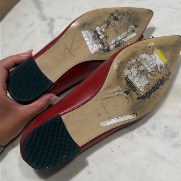 Valentino by Mario Valentino Red Leather Pointed Flats with Gold V Logo Plaque - Picture 2 of 5